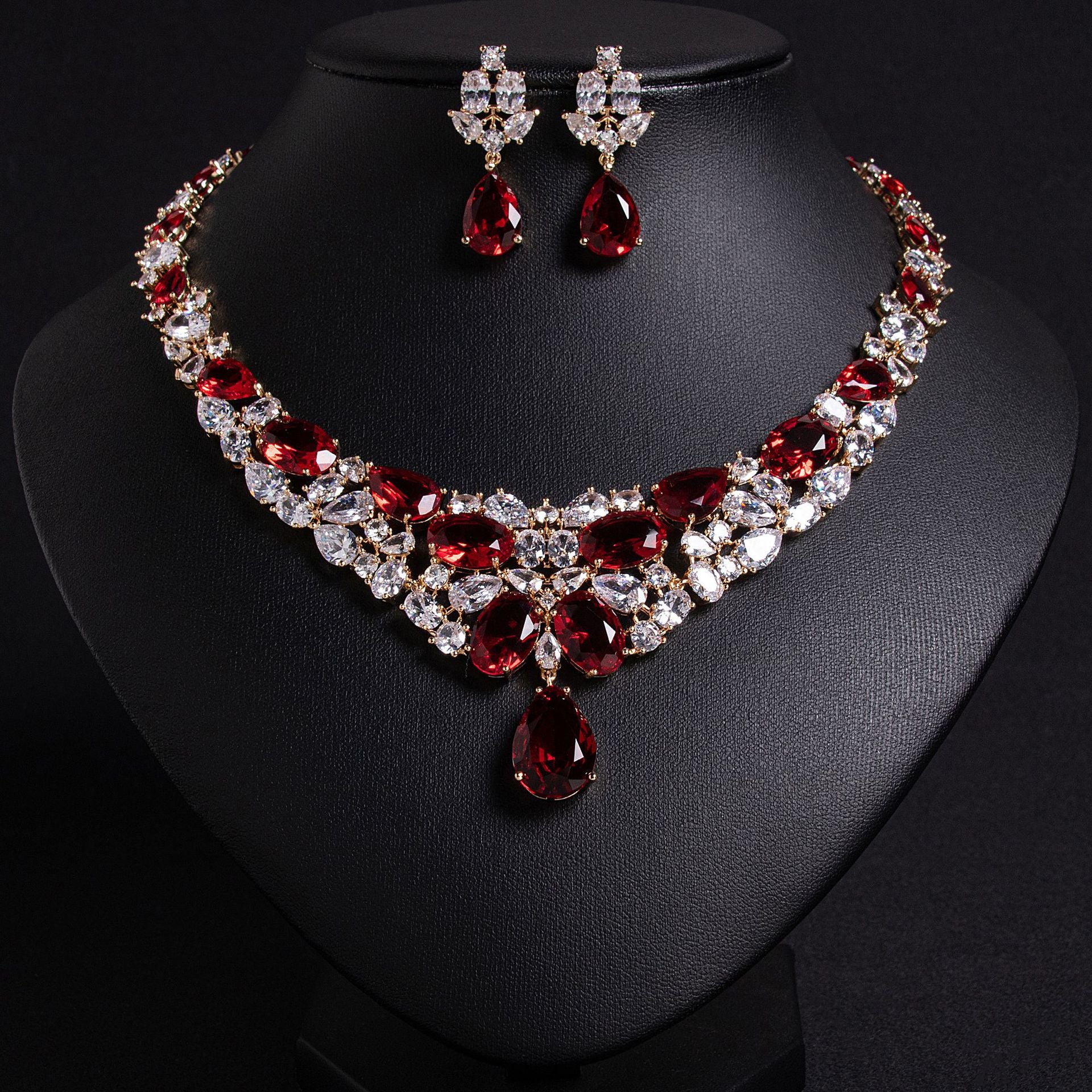 Elegant Red and Colorless Simulated Diamond Necklace and Earrings Set in White Gold and 18K Gold