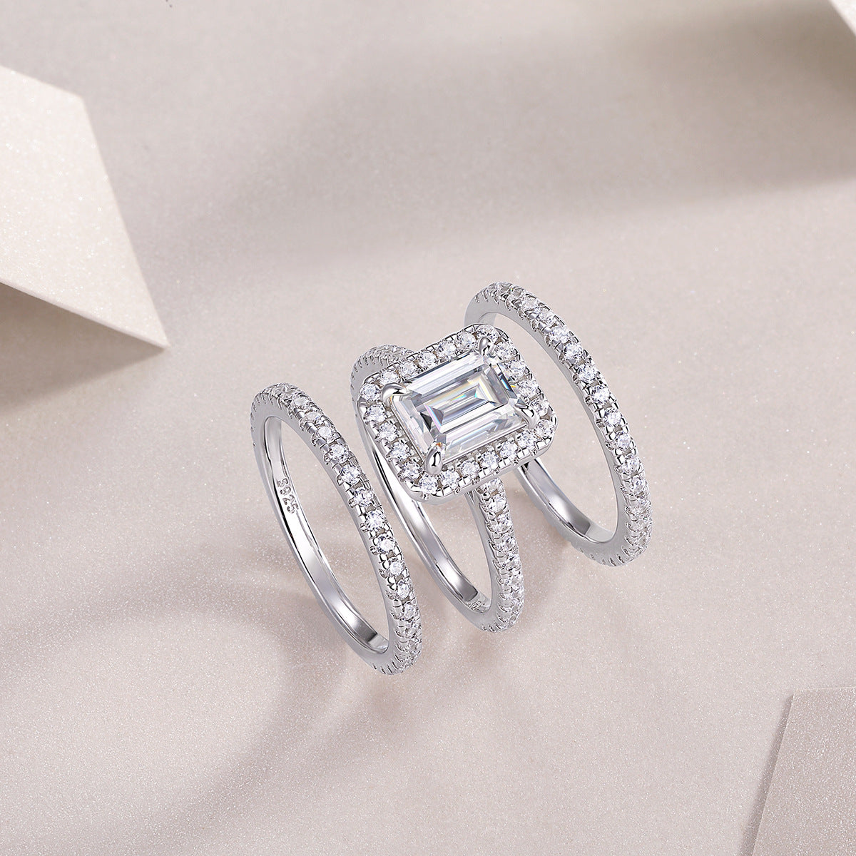 2-Carat Emerald Cut Moissanite Halo Wedding Set in Sterling Silver with GRA Certificate