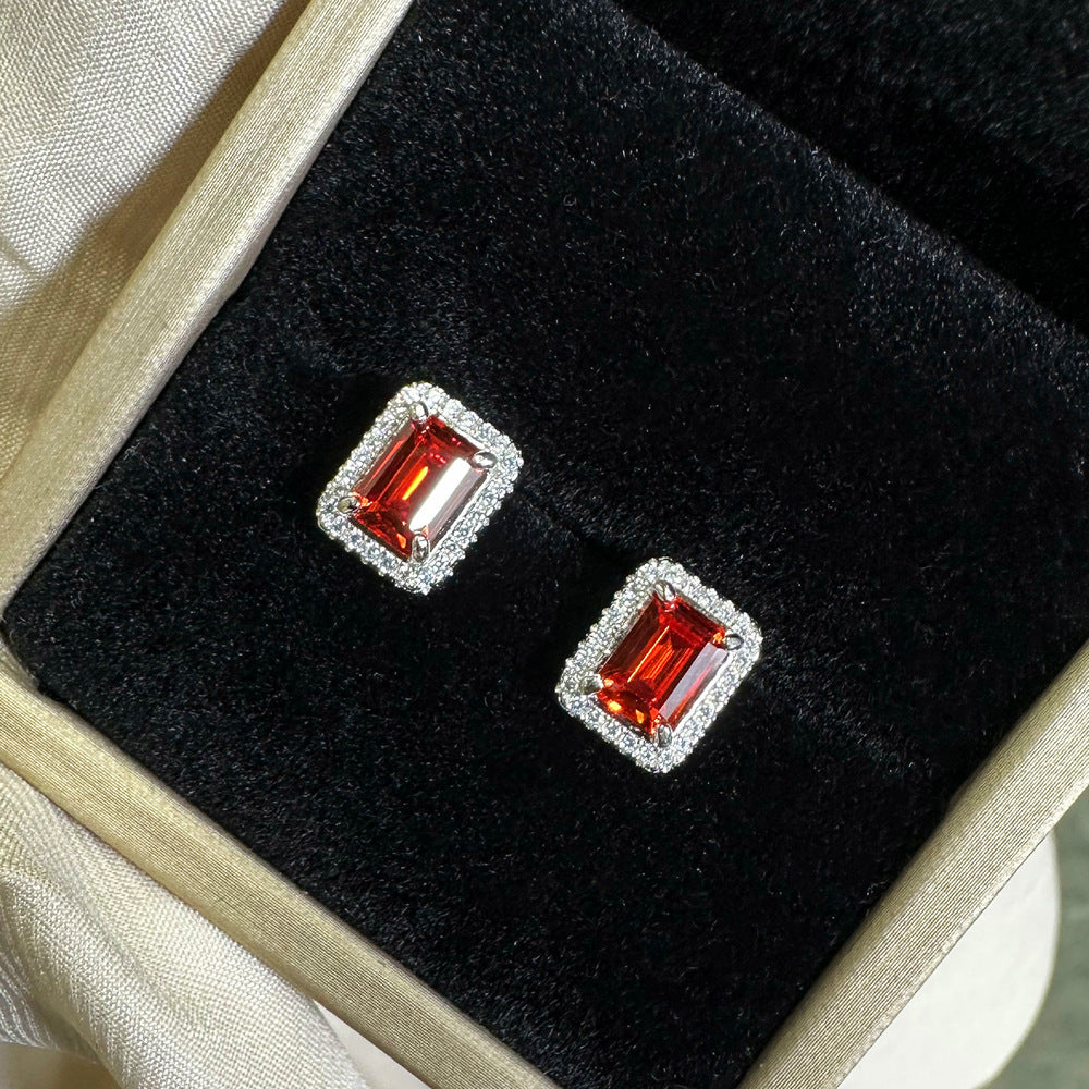 Luxury Bridal Jewelry Set with Emerald Cut Simulated Ruby in 925 Sterling Silver with White Gold Plating