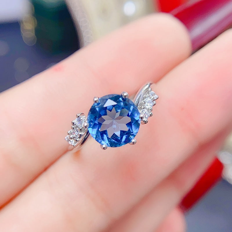 London Blue Topaz Round Cut Engagement Ring in Sterling Silver with White Gold Plating
