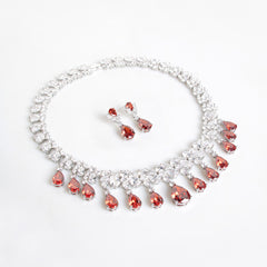 Multi-Color Pear Cut Simulated Diamond Necklace and Earrings Set in White Gold-Plated Copper