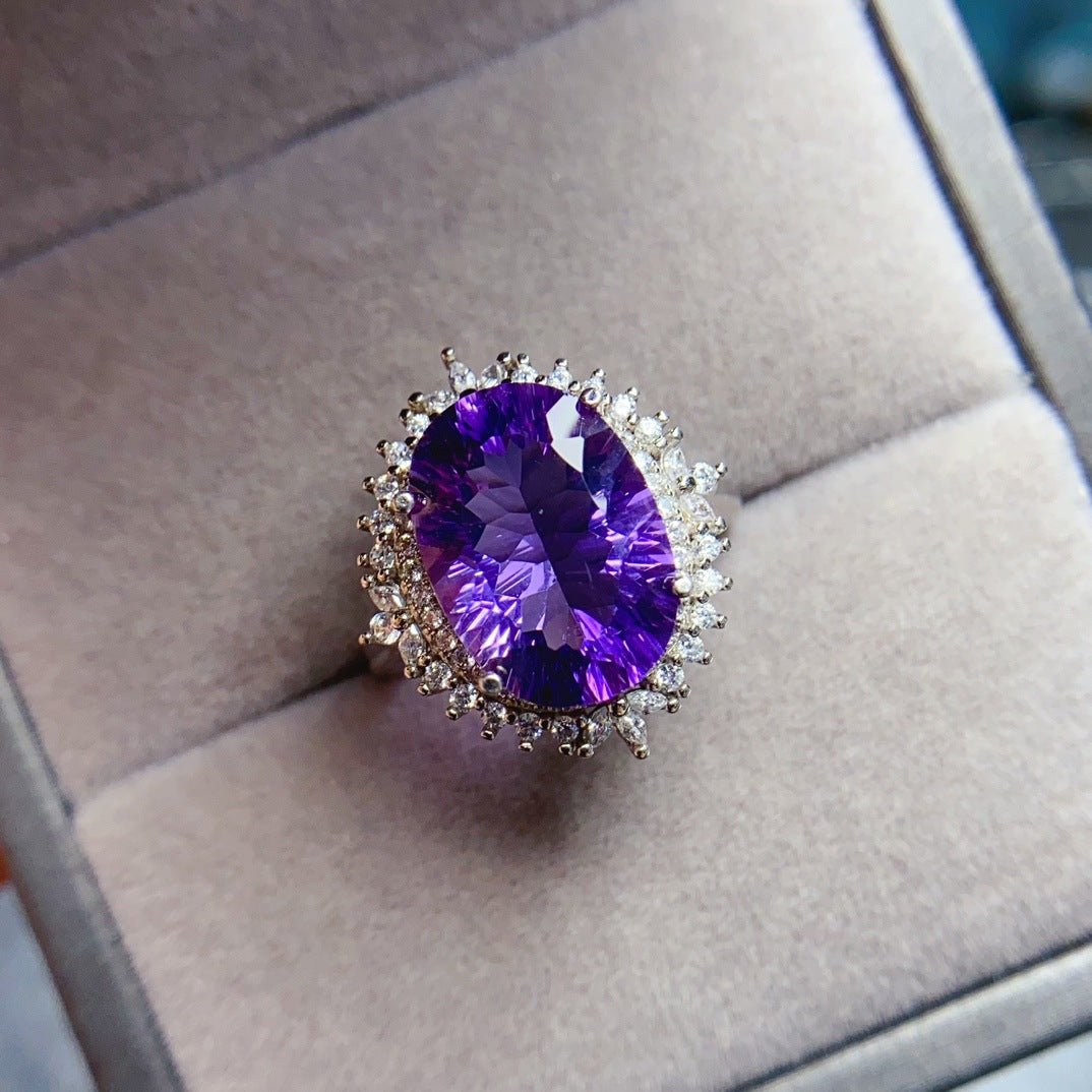 Amethyst Oval Cut Engagement Ring with Halo Design in Sterling Silver