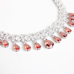 Multi-Color Pear Cut Simulated Diamond Necklace and Earrings Set in White Gold-Plated Copper