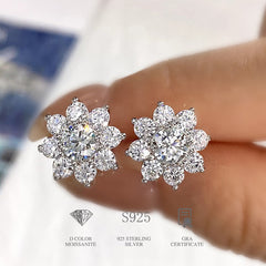 Floral Moissanite Stud Earrings in Sterling Silver with White Gold Plating with GRA Certificate