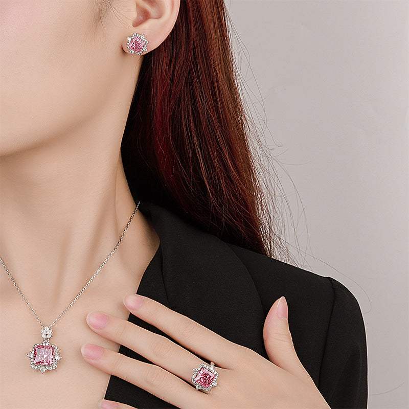 Simulated Cushion-Cut Diamond Jewelry Set in White Gold-Plated Copper with Halo Design