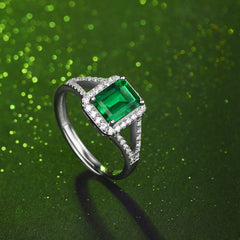 1.5-Carat Emerald Cut Simulated Emerald Engagement Ring with Halo Design