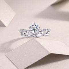 Classic Round Moissanite Engagement Ring in Sterling Silver with Accents with GRA Certificate