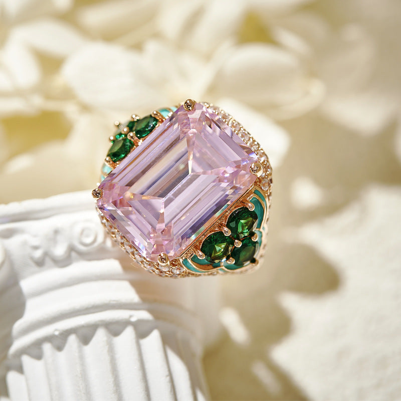 Elegant Simulated Emerald-Cut Pink Diamond Jewelry Set in Rose Gold-Plated Copper