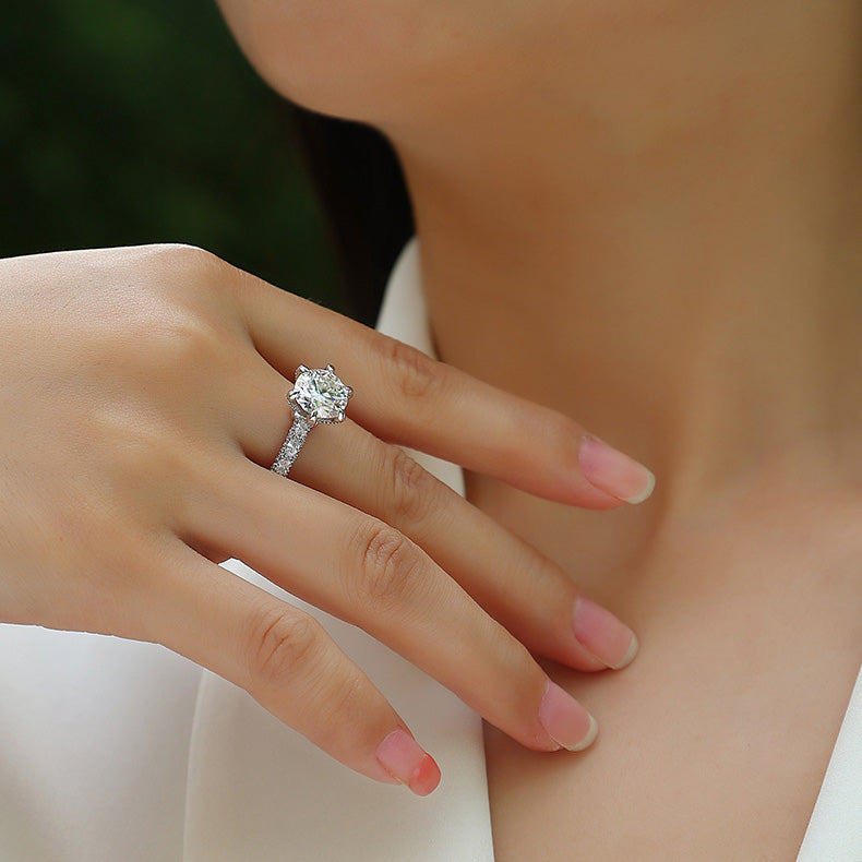 Round Cut Moissanite Engagement Ring in Sterling Silver with GRA Certificate