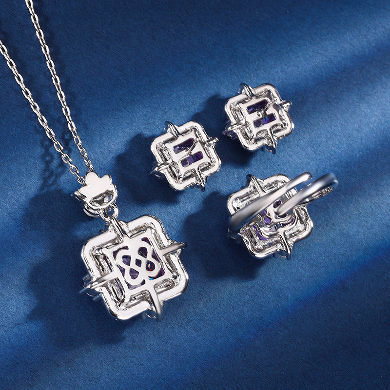 Simulated Cushion-Cut Diamond Jewelry Set in White Gold-Plated Copper with Halo Design