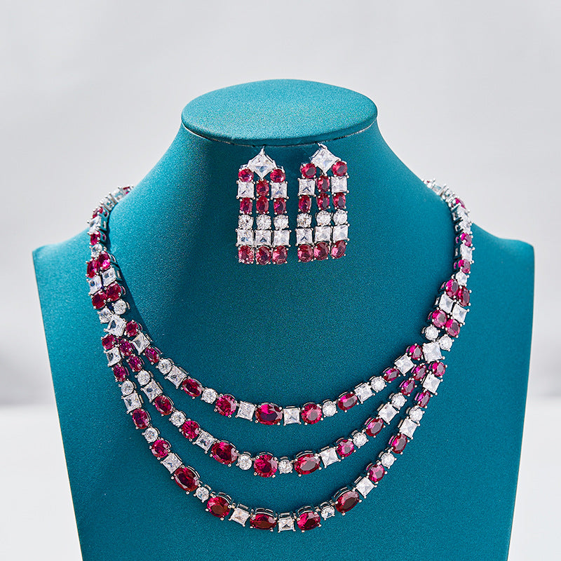 Three-Layer Rose Pink Necklace Set with Simulated Diamonds in White Gold-Plated Copper