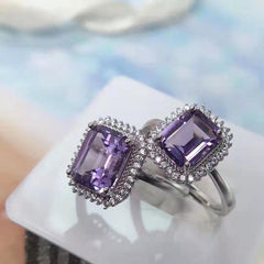 Amethyst Emerald Cut Engagement Ring with Halo Design in Sterling Silver with Silver and Rose Gold Plating