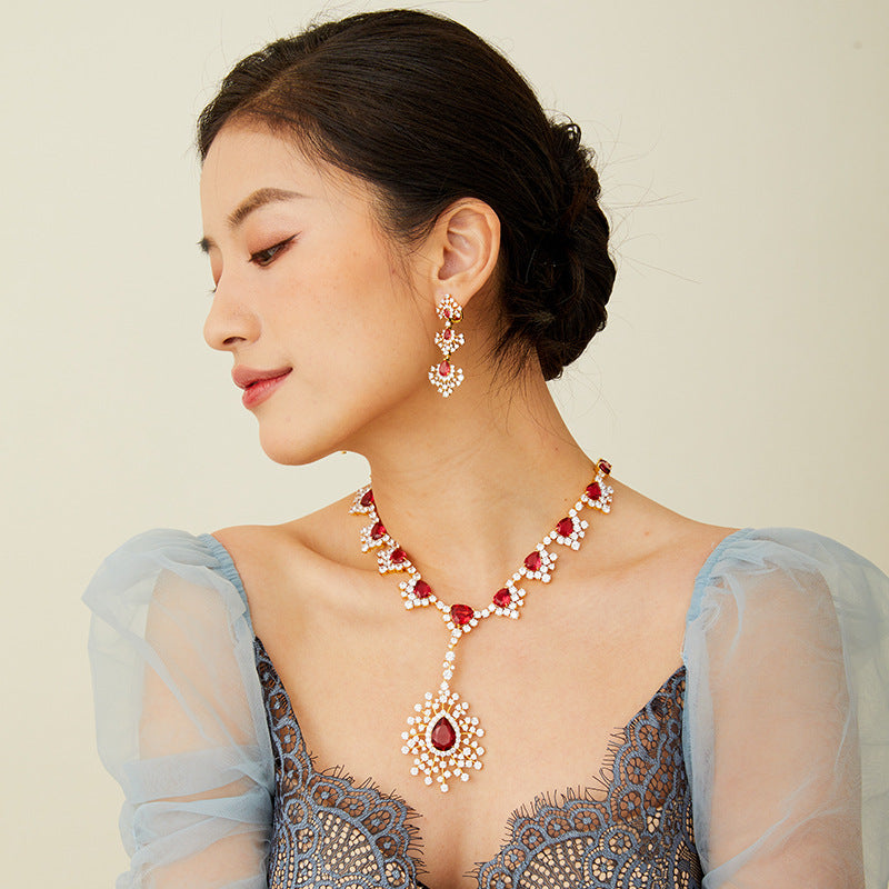 Simulated Ruby Pear-Cut Necklace and Earrings Set in 18K Gold-Plated Copper