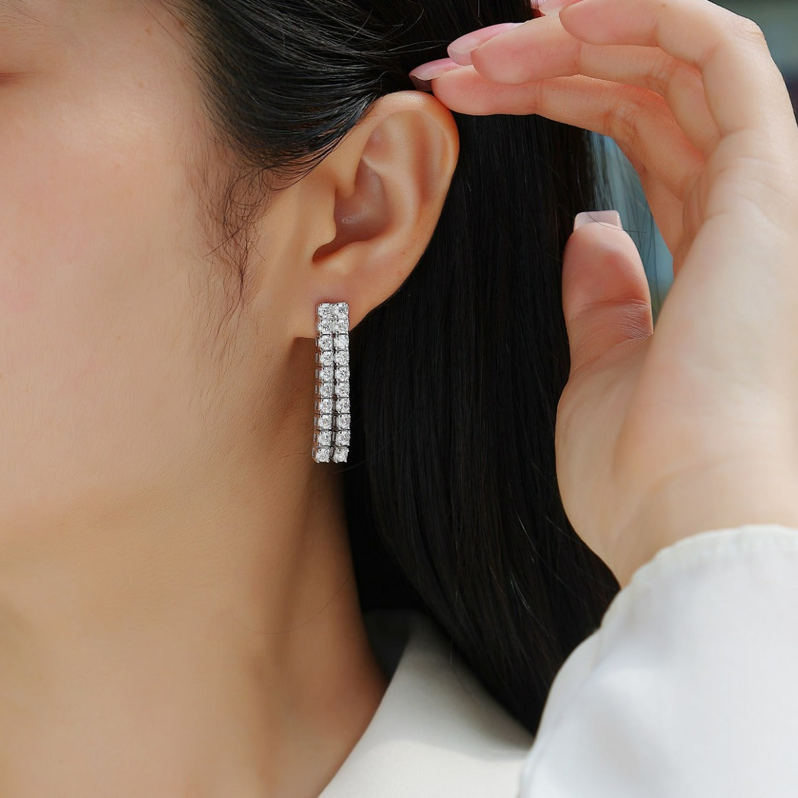 Moissanite Hoop Earrings with 40 Round Stones in Sterling Silver with GRA Certificate