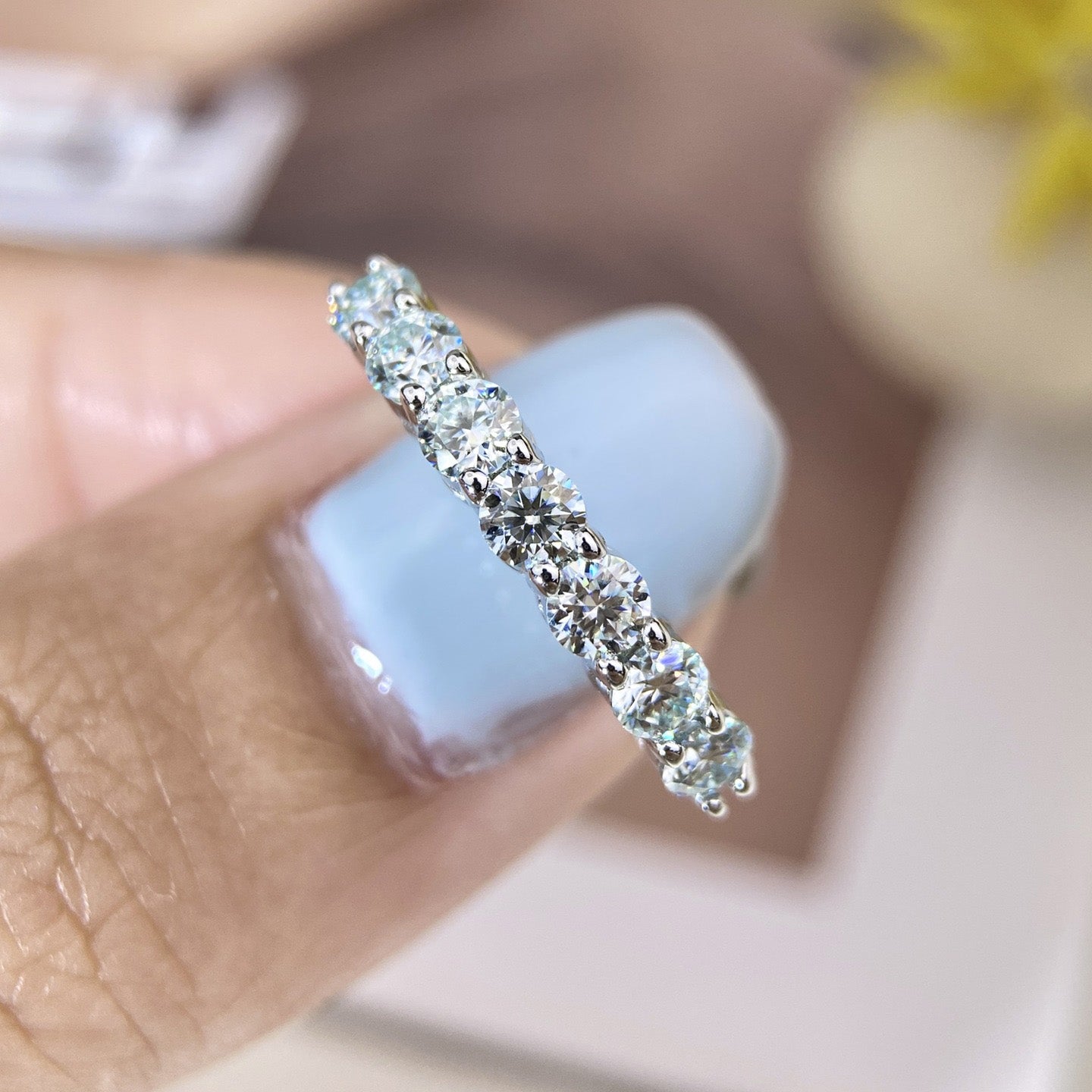 Seven-Stone Moissanite Wedding Band in Sterling Silver with GRA Certificate