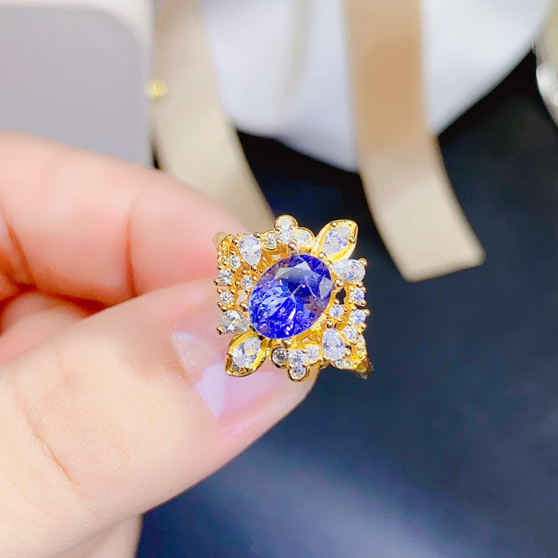 Luxurious Tanzanite Oval Engagement Ring in Sterling Silver with 18K Gold Plating