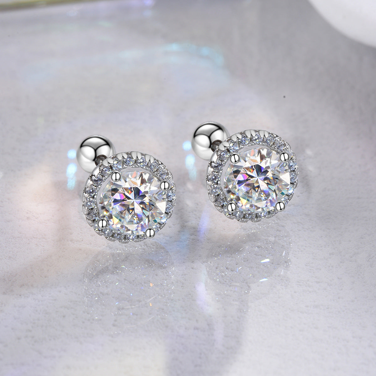 Round Moissanite Stud Earrings in Sterling Silver with White Gold Plating with GRA Certificate