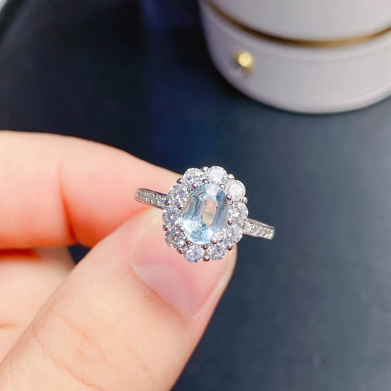 Aquamarine Oval Cut Engagement Ring with Halo in Sterling Silver and White Gold Plating