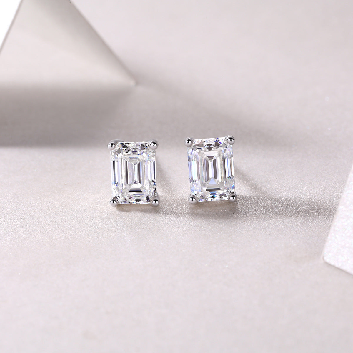 Emerald-Cut Moissanite Stud Earrings in Sterling Silver with White Gold Plating with GRA Certificate