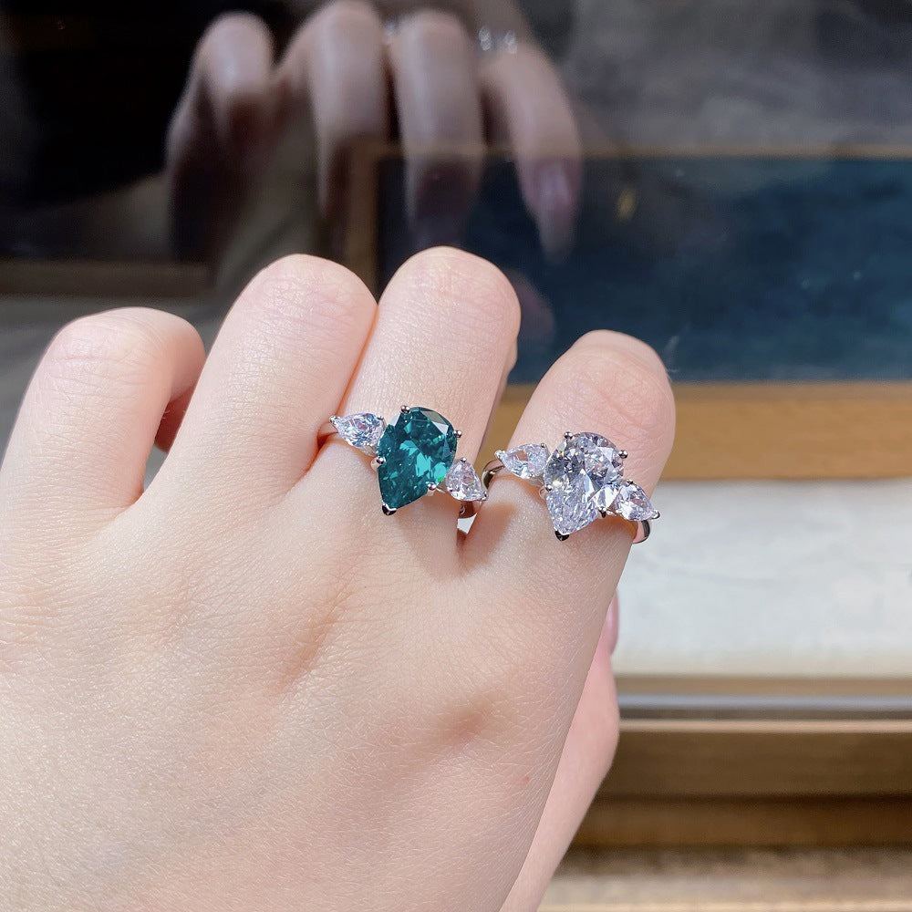 Three Stones 7.0-Carat Pear Cut Green and Colorless Simulated Diamond Engagement Ring