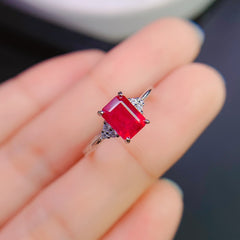 Ruby Emerald Cut Engagement Ring in Sterling Silver with White Gold Plating