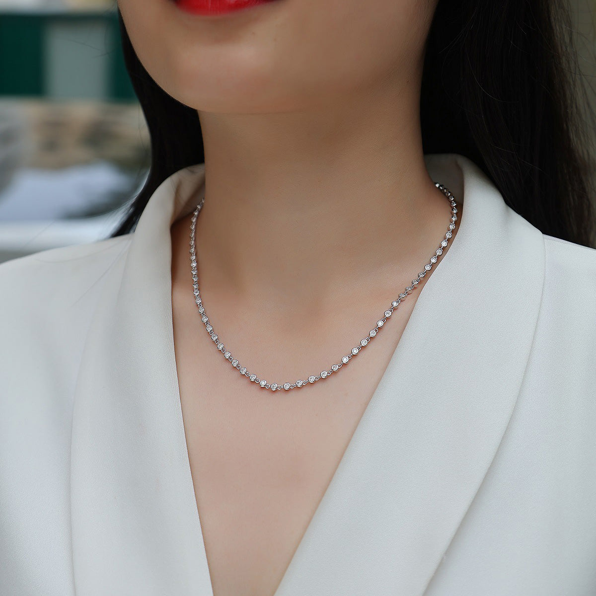Moissanite Tennis Necklace in Sterling Silver with White Gold Plating with GRA Certificate