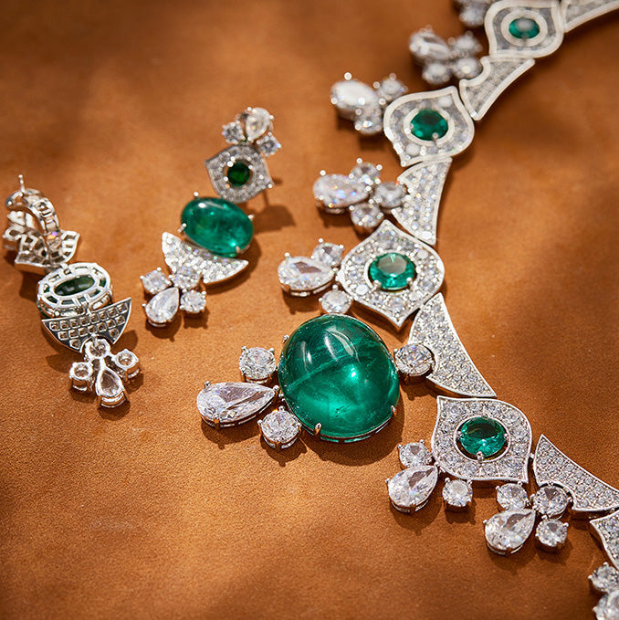 Emerald Necklace and Drop Earrings Set with Oval Simulated Gemstones in White Gold-Plated Copper