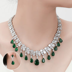 Multi-Color Pear Cut Simulated Diamond Necklace and Earrings Set in White Gold-Plated Copper