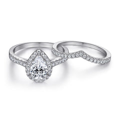 1.5-Carat Pear Cut Simulated Diamond Halo Wedding Set in White Gold-Plated Sterling Silver