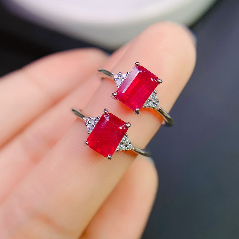 Ruby Emerald Cut Engagement Ring in Sterling Silver with White Gold Plating