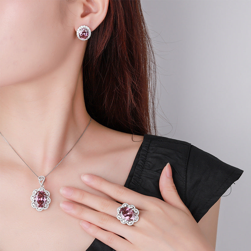 Oval-Cut Simulated Amethyst Jewelry Set in White Gold-Plated Copper with Elegant 4-Prong Design