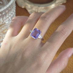 Amethyst Emerald Cut Engagement Ring with Three Stone Design in Sterling Silver and Platinum Plating