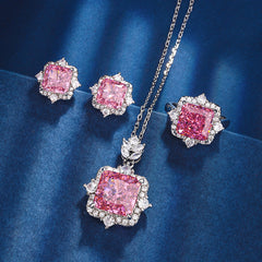 Simulated Cushion-Cut Diamond Jewelry Set in White Gold-Plated Copper with Halo Design