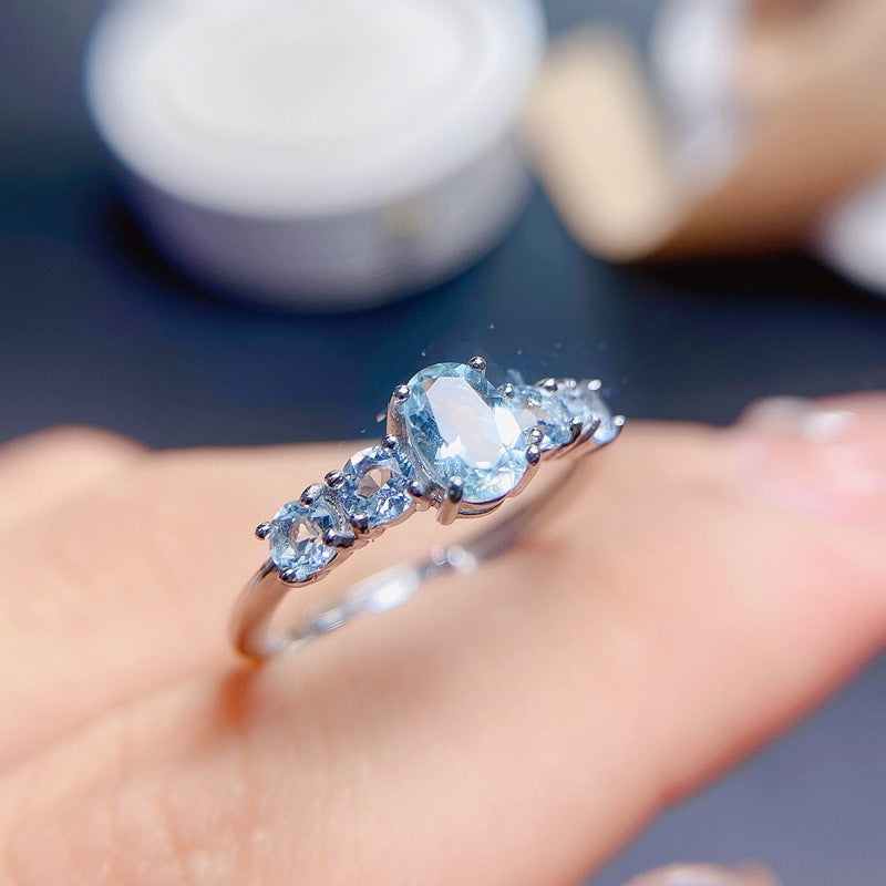 Aquamarine Oval Cut Engagement Ring in Sterling Silver with White Gold Plating