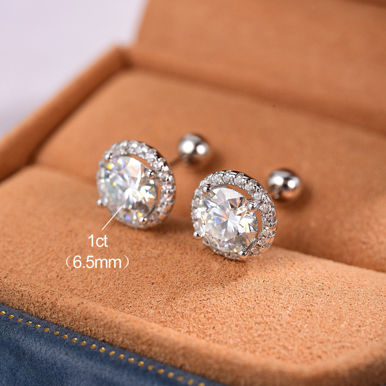 Round Moissanite Stud Earrings in Sterling Silver with White Gold Plating with GRA Certificate