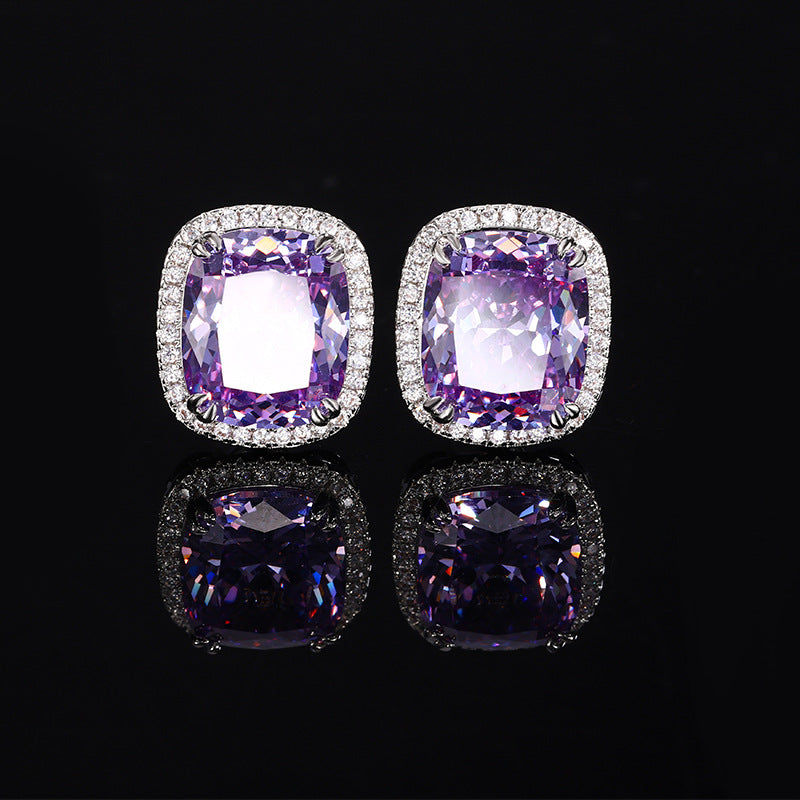 Simulated Radiant-Cut Purple Diamond Jewelry Set in White Gold-Plated Copper with Halo Design