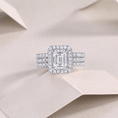 2-Carat Emerald Cut Moissanite Halo Wedding Set in Sterling Silver with GRA Certificate