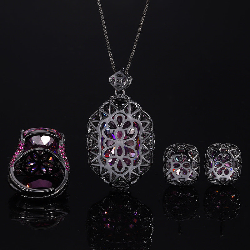 Vintage Radiant-Cut Simulated Gemstone Jewelry Set in Black Gold-Plated Copper