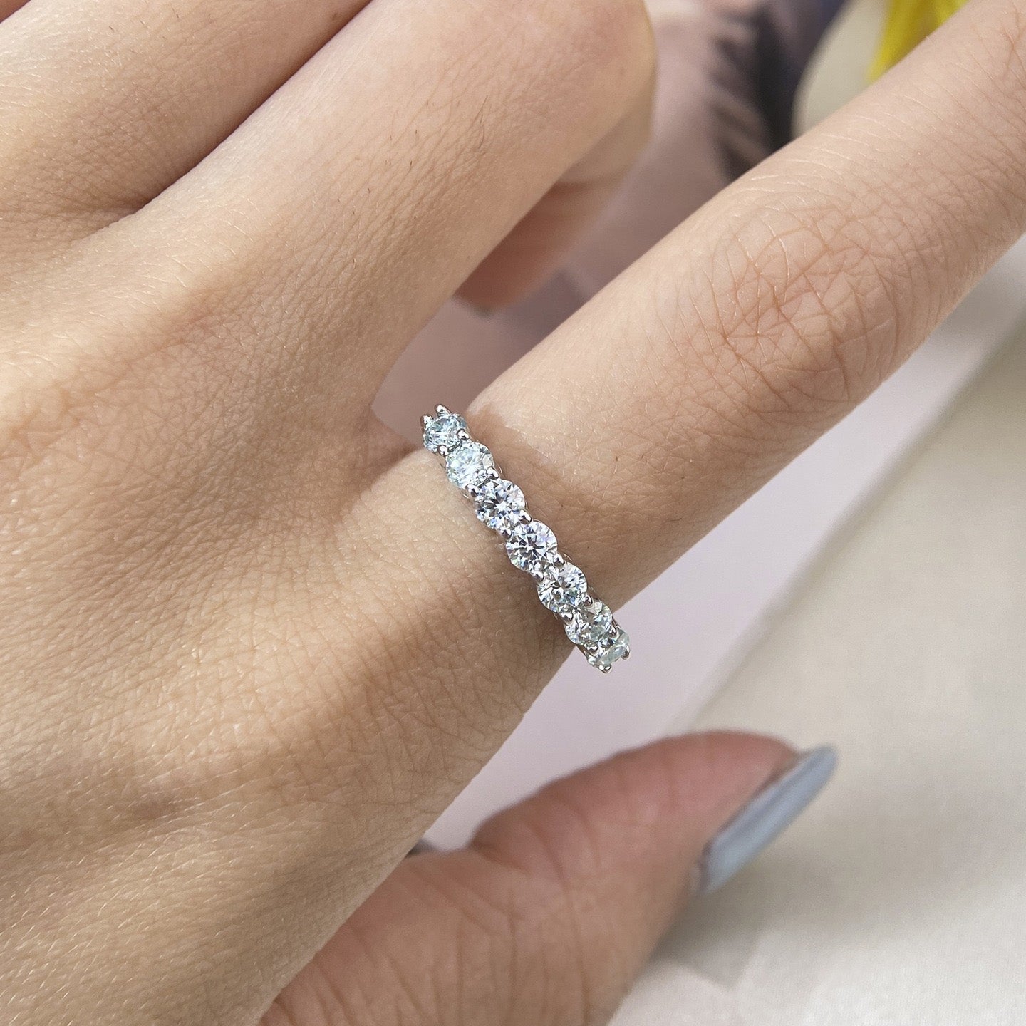 Seven-Stone Moissanite Wedding Band in Sterling Silver with GRA Certificate