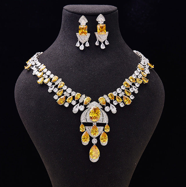 Yellow Diamond Necklace and Earrings Set with Oval and Radiant-Cut Simulated Diamonds in White Gold-Plated Copper