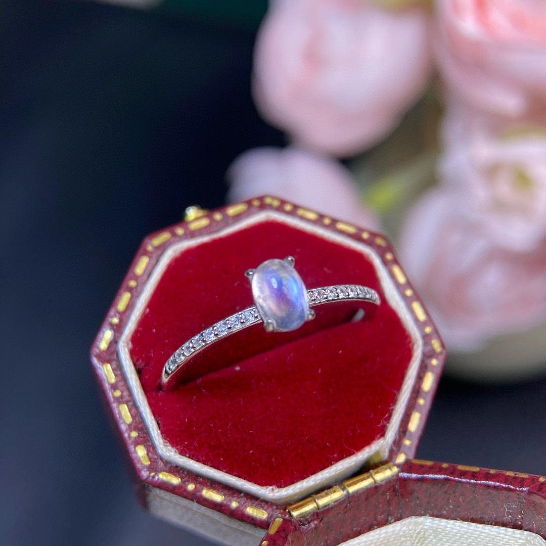 Blue Moonstone Oval Engagement Ring in Sterling Silver with Accents