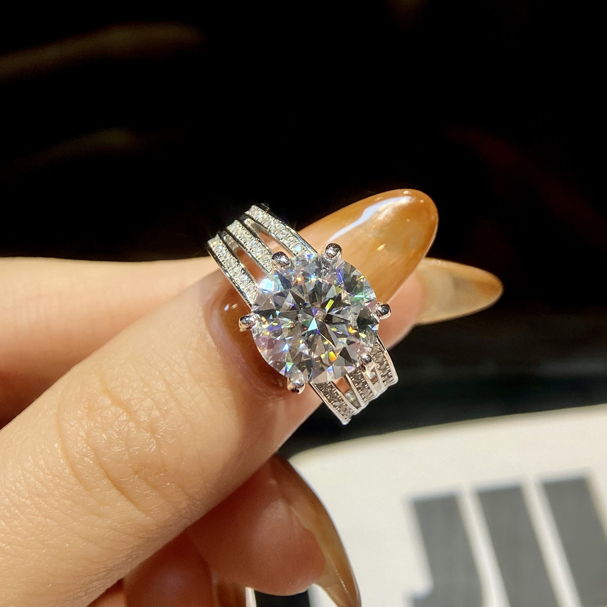 5-Carat Round Moissanite Engagement Ring with Triple-Row Accents in Sterling Silver with GRA Certificate