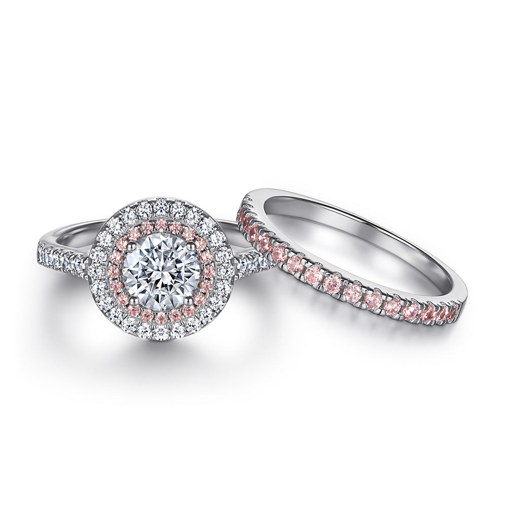 0.8-Carat Round Cut Simulated Pink & Colorless Diamond Halo Wedding Set in White Gold-Plated Sterling Silver