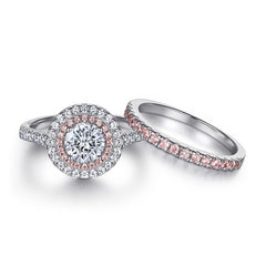 0.8-Carat Round Cut Simulated Pink & Colorless Diamond Halo Wedding Set in White Gold-Plated Sterling Silver