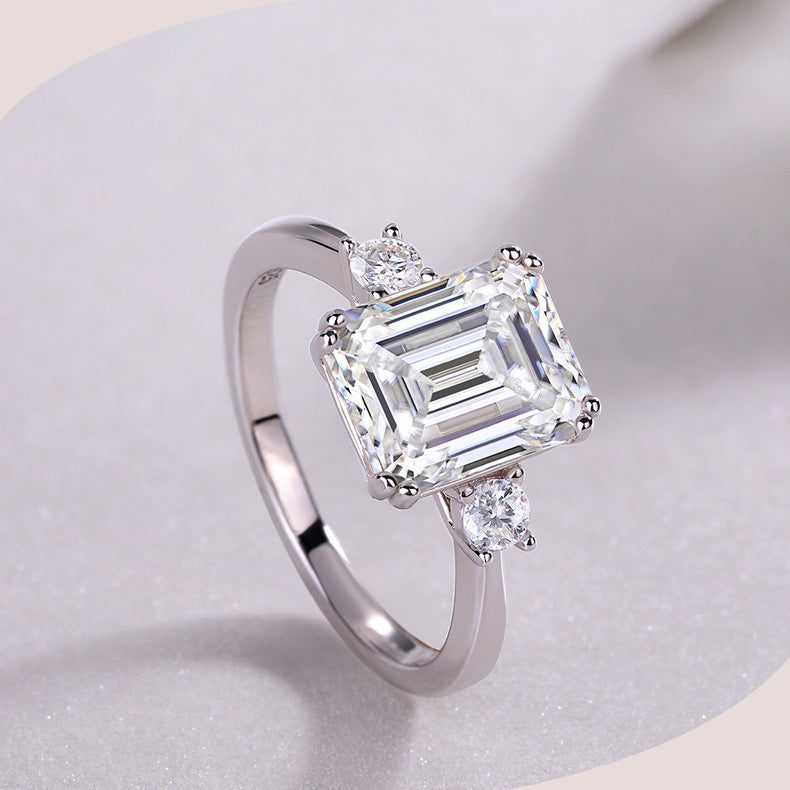 Three-Stone 3-Carat Emerald Cut Moissanite Engagement Ring in Sterling Silver with GRA Certificate