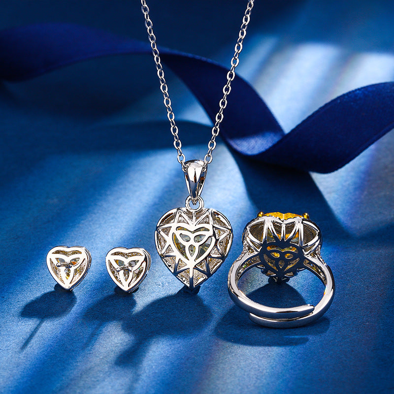 Heart-Cut Yellow Simulated Diamond Jewelry Set in White Gold-Plated Copper