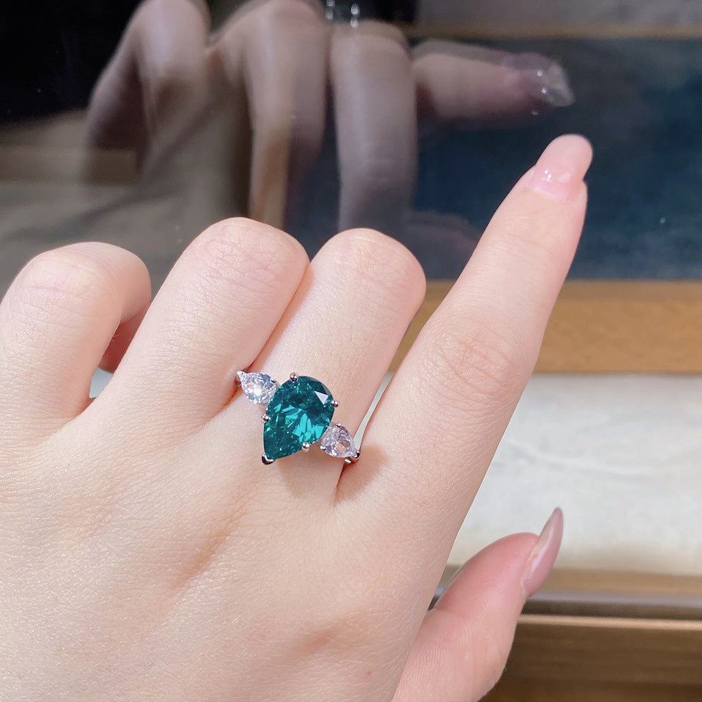 Three Stones 7.0-Carat Pear Cut Green and Colorless Simulated Diamond Engagement Ring
