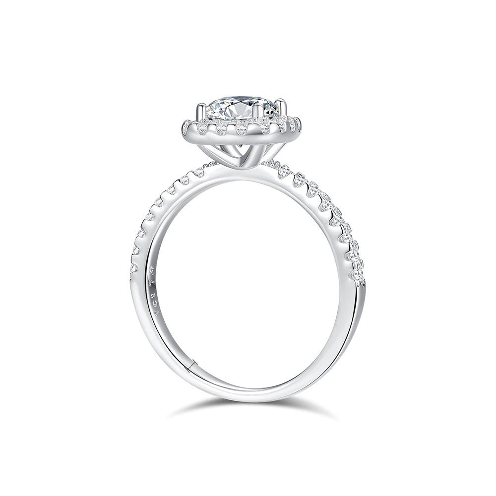 1.0 Carat Round Moissanite Halo Engagement Ring in Sterling Silver with Accents