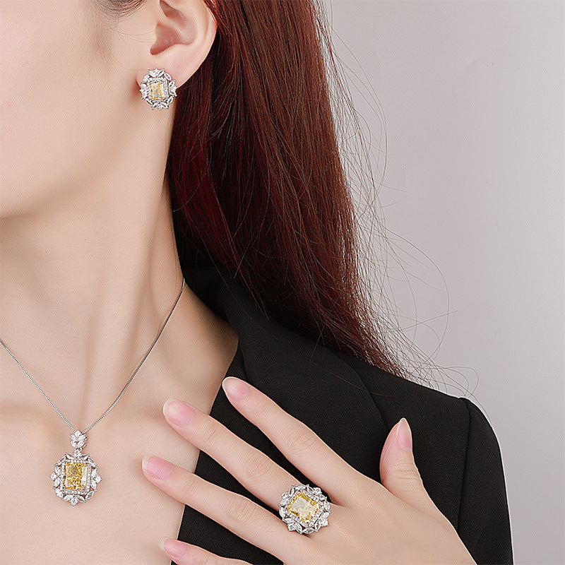 High Fashion Radiant-Cut Yellow Simulated Diamond Jewelry Set in White Gold-Plated Copper