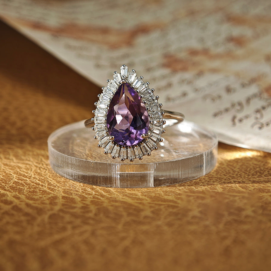 Amethyst Pear Cut Engagement Ring with Halo Design in Sterling Silver and Platinum Plating